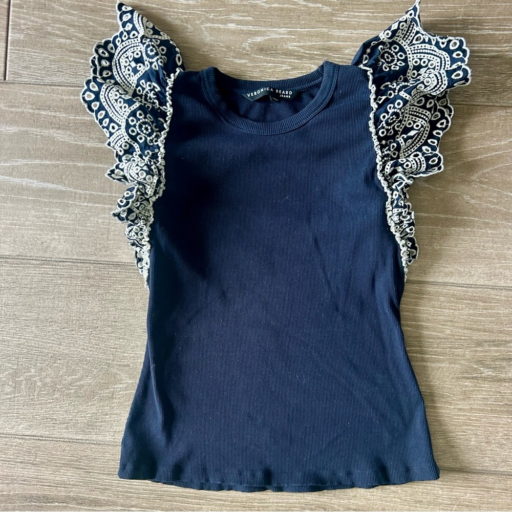 Veronica Beard  Navy Top with eyelet ruffle Sleeves